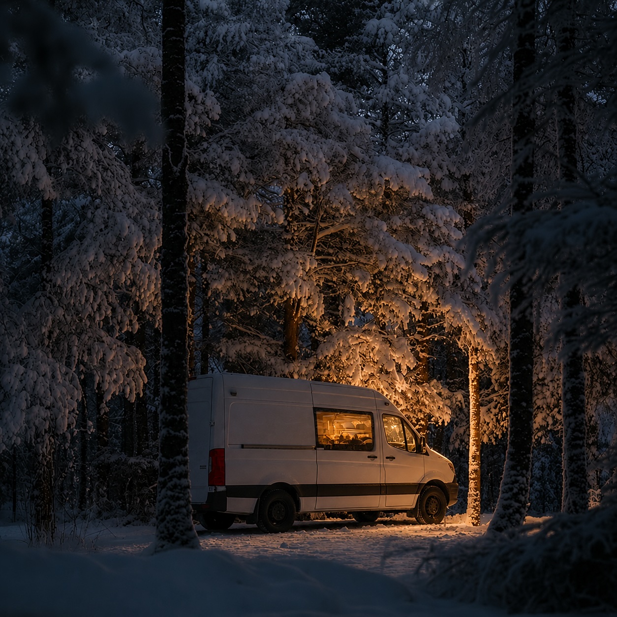Campervan parked in a snowy forest during a winter camping trip